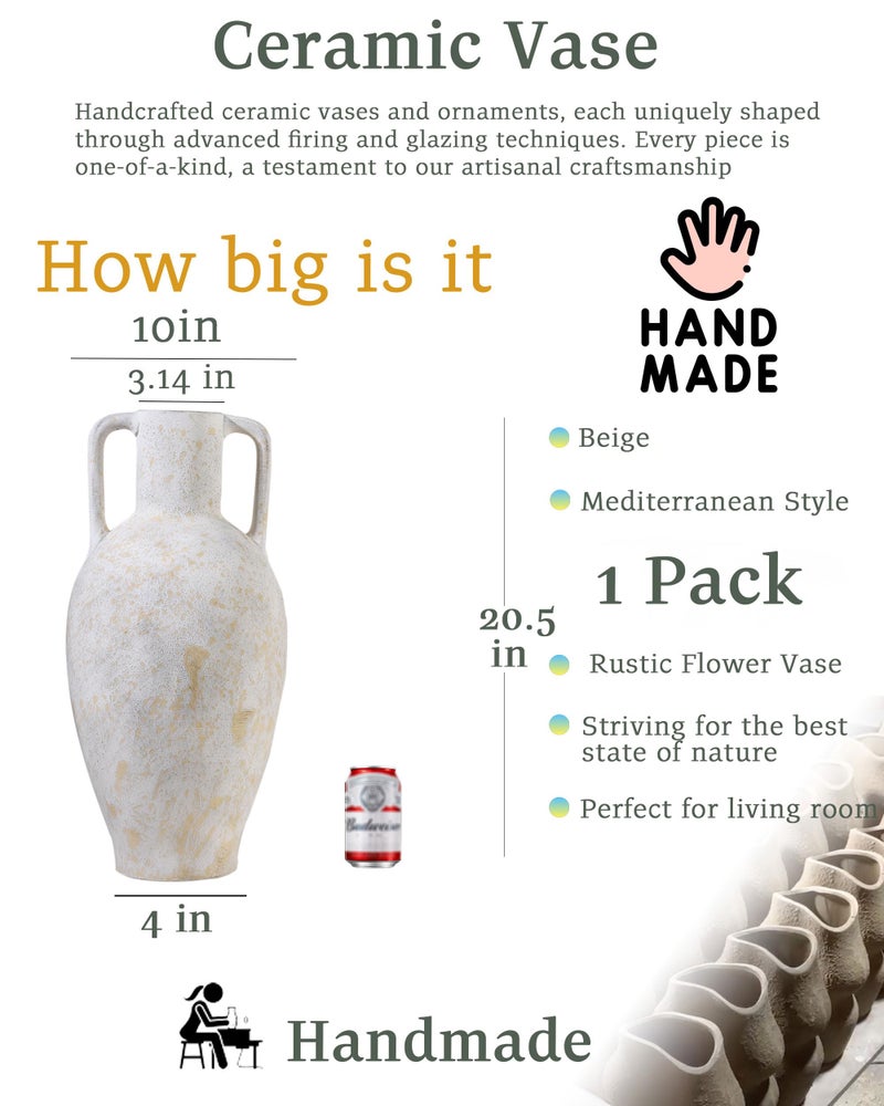 UPWOIGH 20.5in Tall Large Vintage Handles Ceramic Floor Vase, Antique White Pottery with Beige Speckles and Distressed Black Markings, Rustic Farmhouse Living Room or Bedroom Decor, Ideal Gift 1 Pack - Image 3