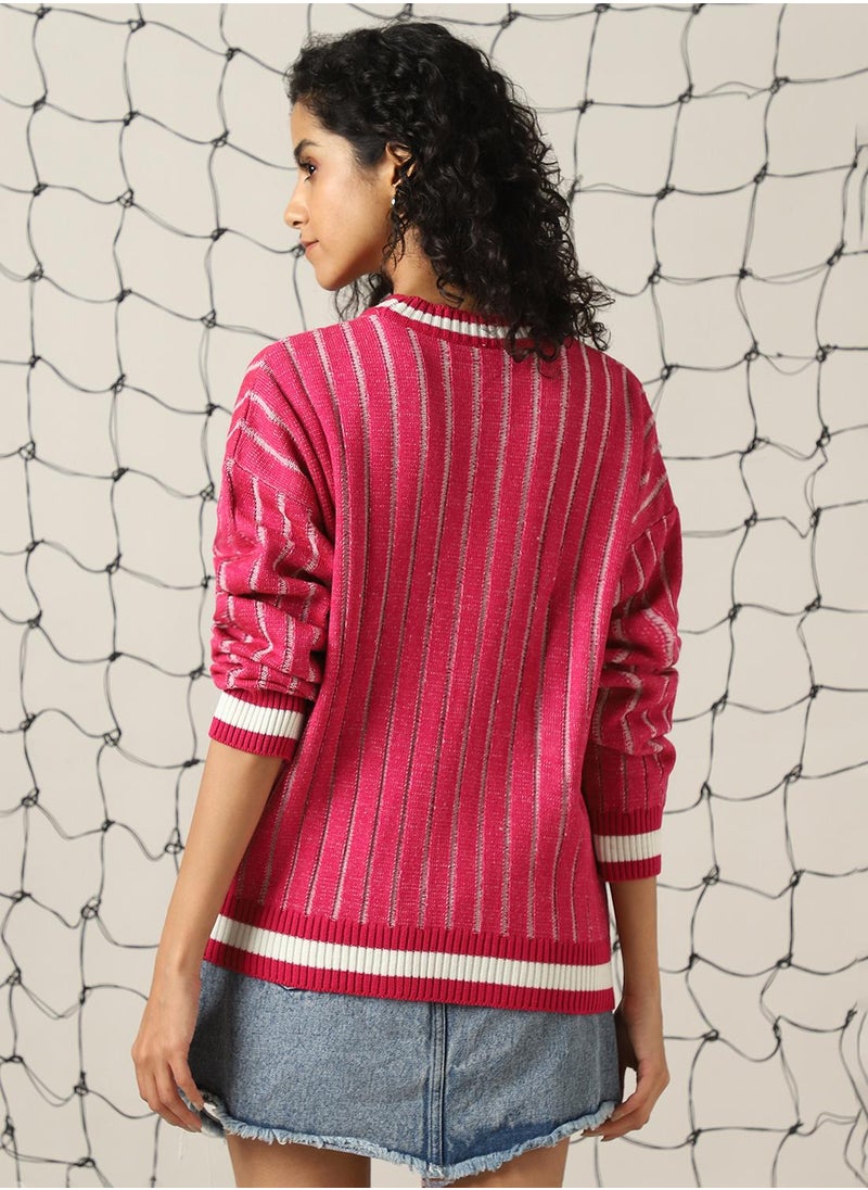 Hubberholme Women's Pink 100% Acrylic Solid Oversized Sweater  - Image 3