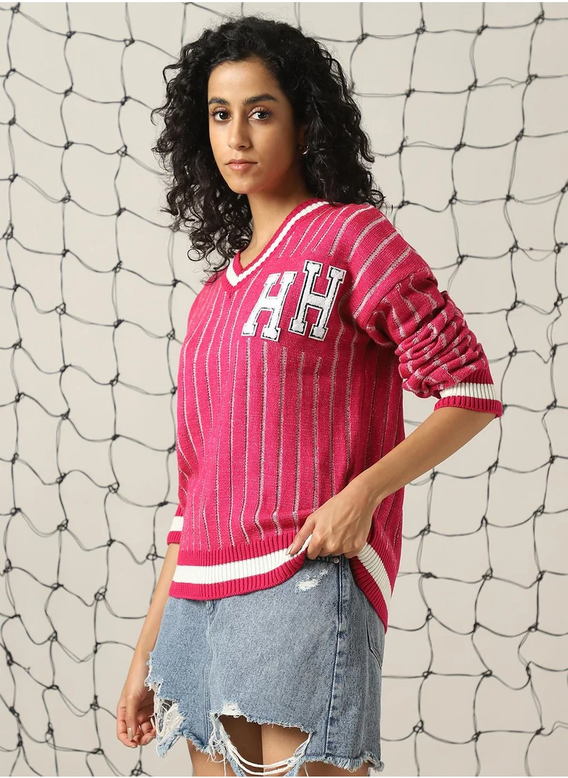 هوبرهولمي Women's Pink 100% Acrylic Solid Oversized Sweater