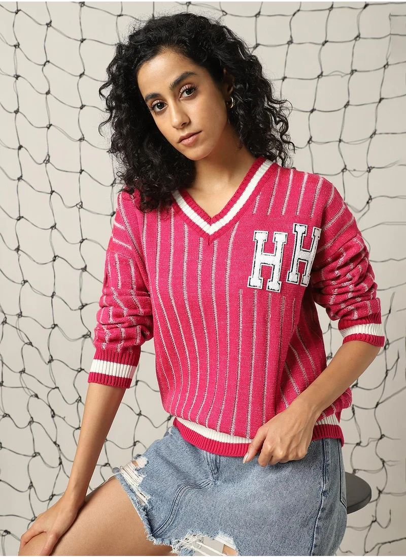 هوبرهولمي Women's Pink 100% Acrylic Solid Oversized Sweater