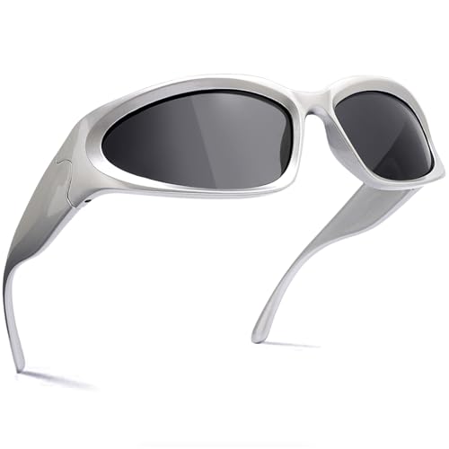 knliwkm Y2K Wrap Around Sunglasses Fashion Rave Metallic Chrome Space Alien Glasses Futuristic Shades Sports for Women Men - Image 1