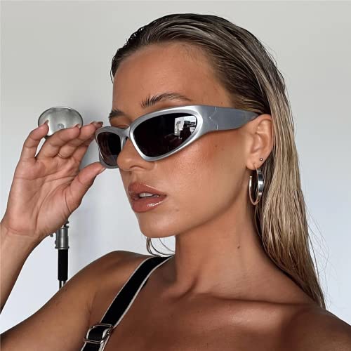 knliwkm Y2K Wrap Around Sunglasses Fashion Rave Metallic Chrome Space Alien Glasses Futuristic Shades Sports for Women Men - Image 4