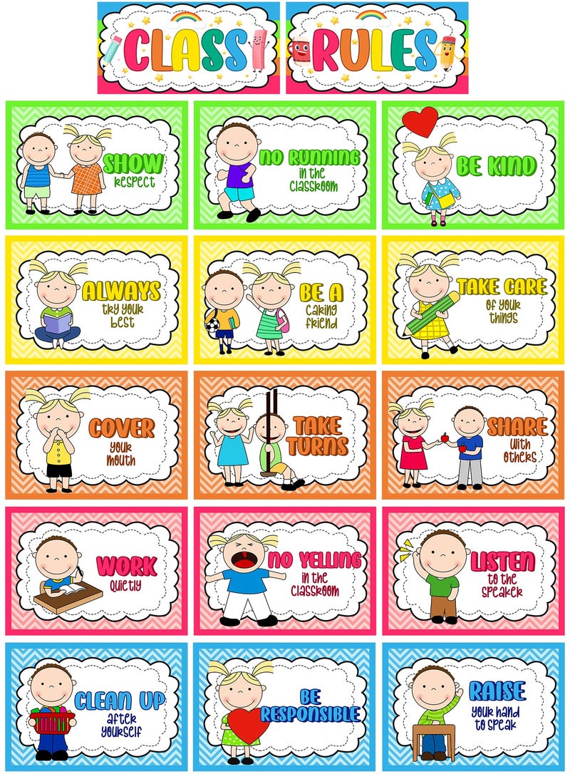 Alpurple 17 Pcs A4 Classroom Rules, Preschool Class Rules Posters, Classroom Rule Bulletin Board Decorations for Kindergarten Preschool Elementary School - Image 1