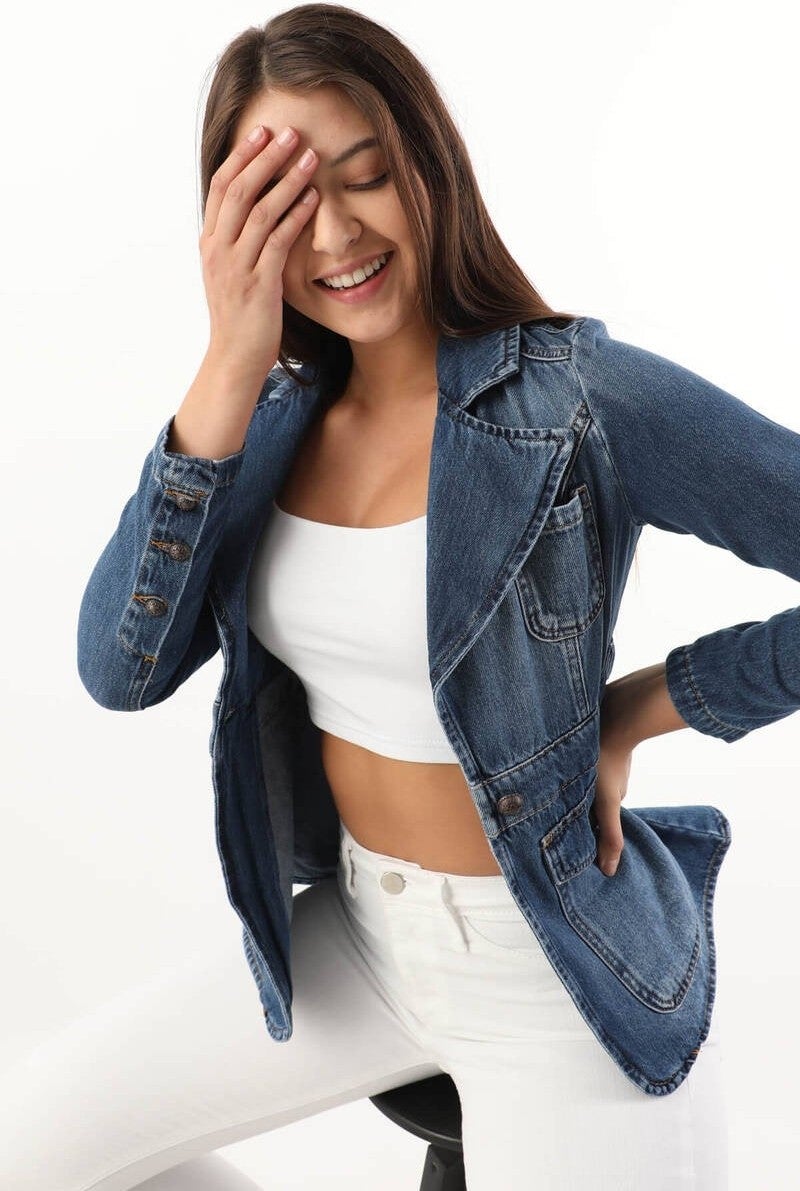 Banny Jeans Women's Long Sleeve Single Button Jean Jacket Blue - Image 1