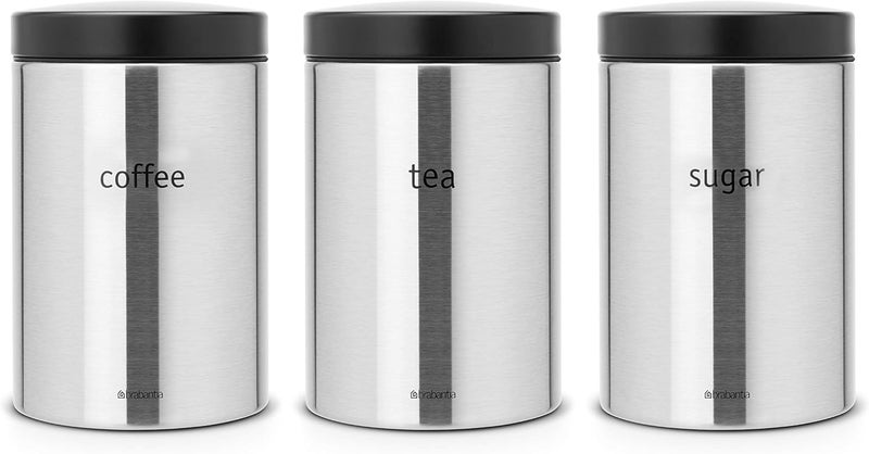 Brabantia Tea, Coffee and Sugar Canisters Set with Black Lid - 1.4 L, Brilliant Steel, 3 Pieces - Image 1