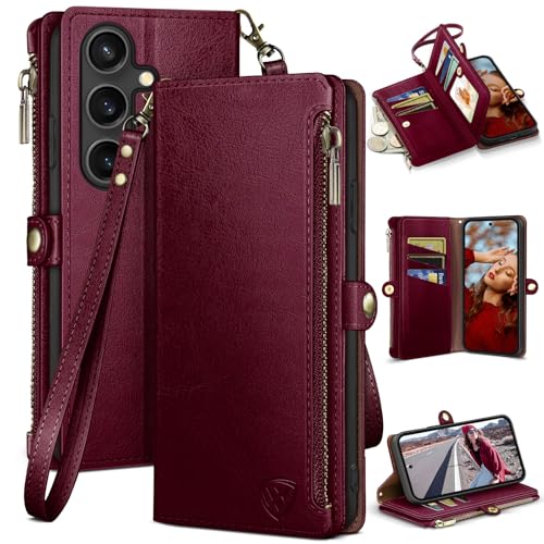 XcaseBar compatible with Samsung Galaxy S25 Wallet case with Zipper Credit Card Holder【RFID Blocking】,Flip Folio Book PU Leather Phone case Shockproof Cover Men Women for Samsung S25 case Wine Red - Image 1