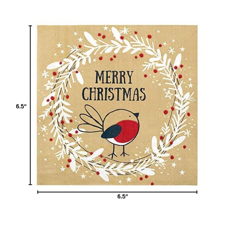 OLYPHAN Christmas Napkins Paper Cute, Festive Wreath & Bird Print/Brown Recycled Napkins Decorative Disposable Holiday Dinner, Lunch/Luncheon, Buffet Brunch Rustic Xmas Party Decor - Image 4