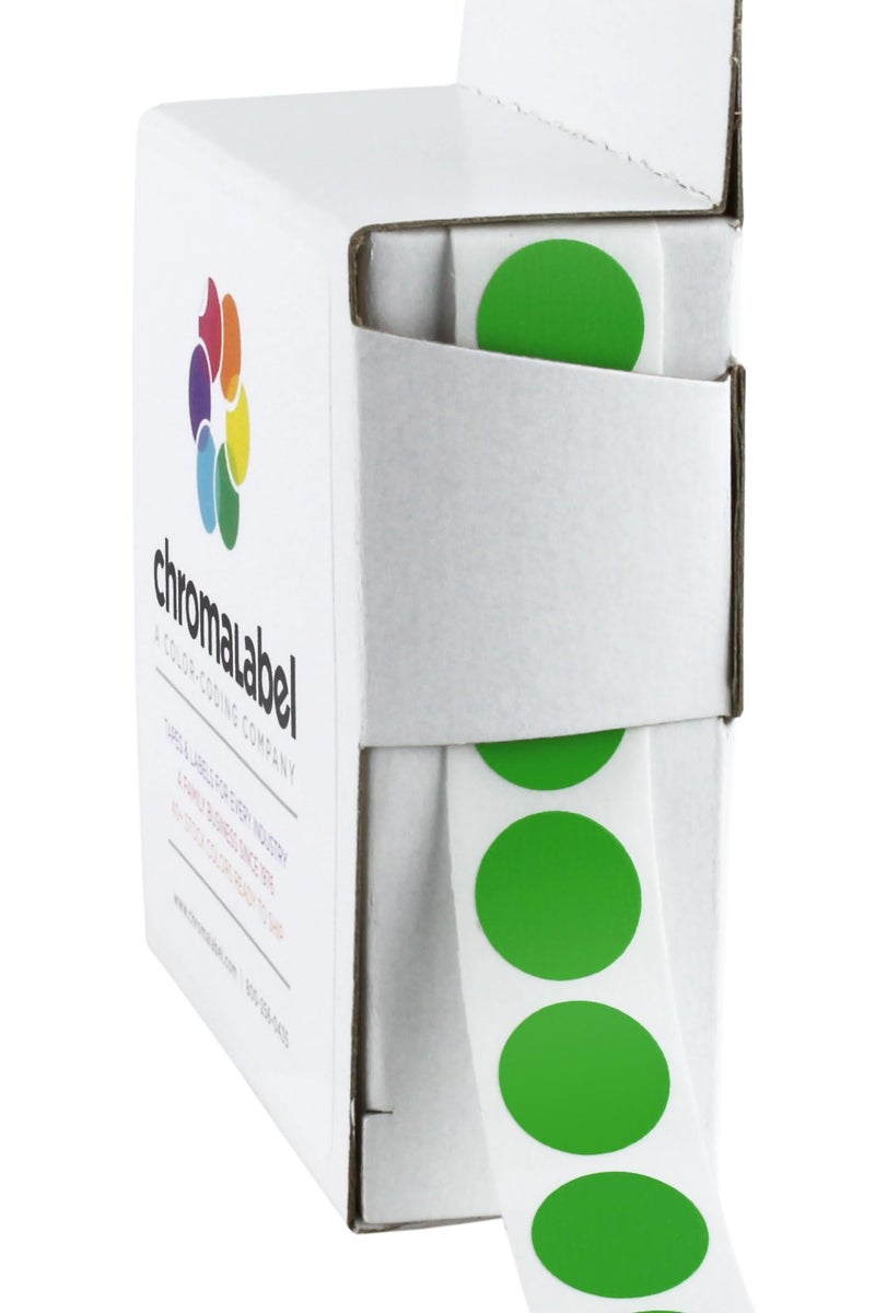 ChromaLabel 1/2 Inch Round Colored Stickers, Permanent Sticky Dots Color Coding Labels, Ideal Colored Dot Stickers for Arts and Crafts - 1000 Sticker Labels per Dispenser Box, Green Sticker Dots - Image 1