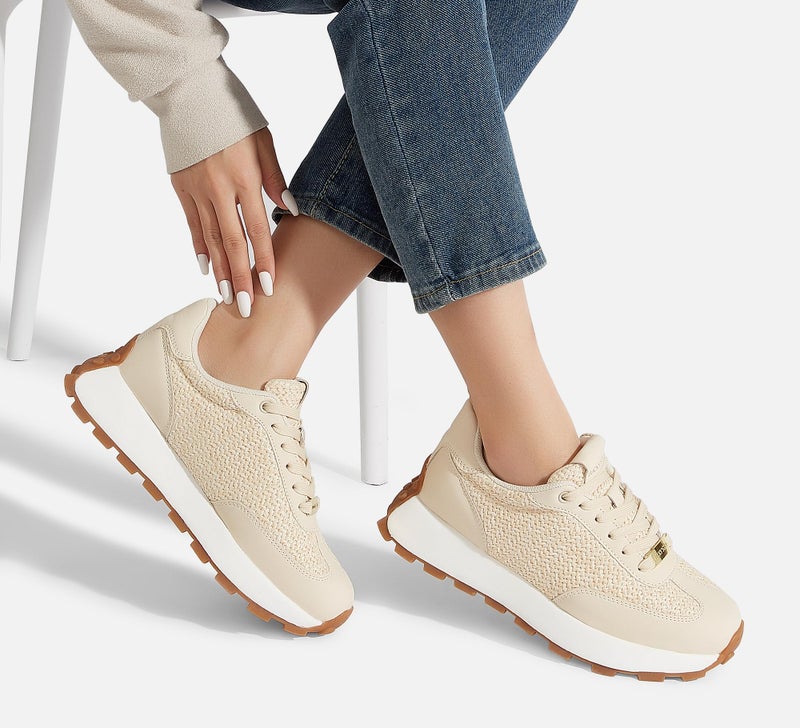 LUCKY STEP Women's Platform Fashion Sneakers Retro Classic Trainers Casual Lace-up Stylish Tennis Running Walking Shoes (Beige Knit,6.5 B(M) US) - Image 3