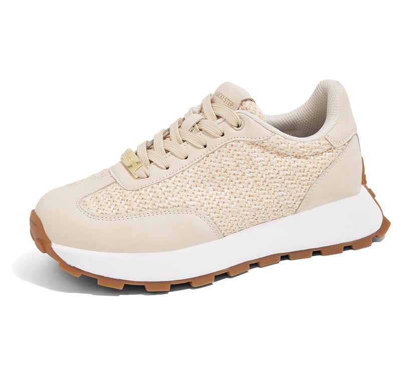 LUCKY STEP Women's Platform Fashion Sneakers Retro Classic Trainers Casual Lace-up Stylish Tennis Running Walking Shoes (Beige Knit,6.5 B(M) US) - Image 1