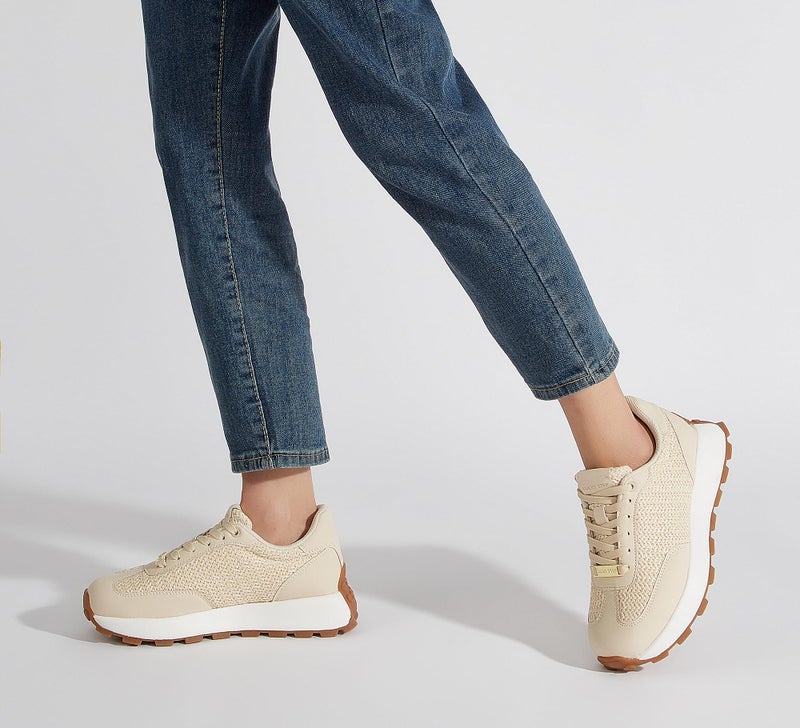 LUCKY STEP Women's Platform Fashion Sneakers Retro Classic Trainers Casual Lace-up Stylish Tennis Running Walking Shoes (Beige Knit,6.5 B(M) US) - Image 2