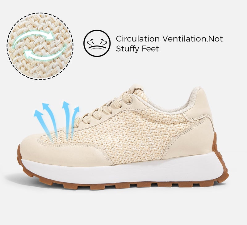 LUCKY STEP Women's Platform Fashion Sneakers Retro Classic Trainers Casual Lace-up Stylish Tennis Running Walking Shoes (Beige Knit,6.5 B(M) US) - Image 4