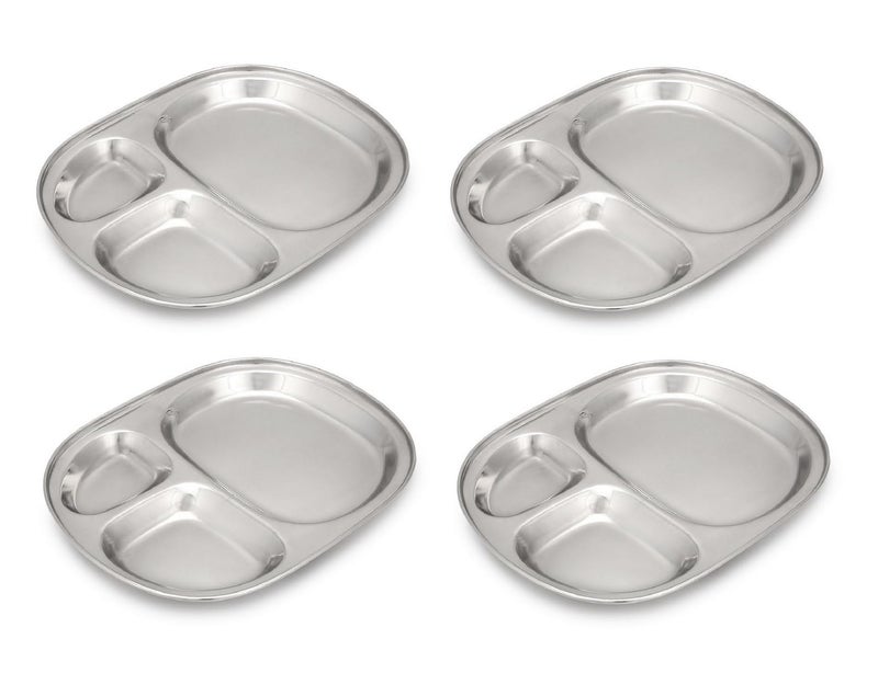 Dynore Stainless Steel 3 in 1 Three Compartment Nasta/Dinner Plate- Set of 4 Pcs - Image 1