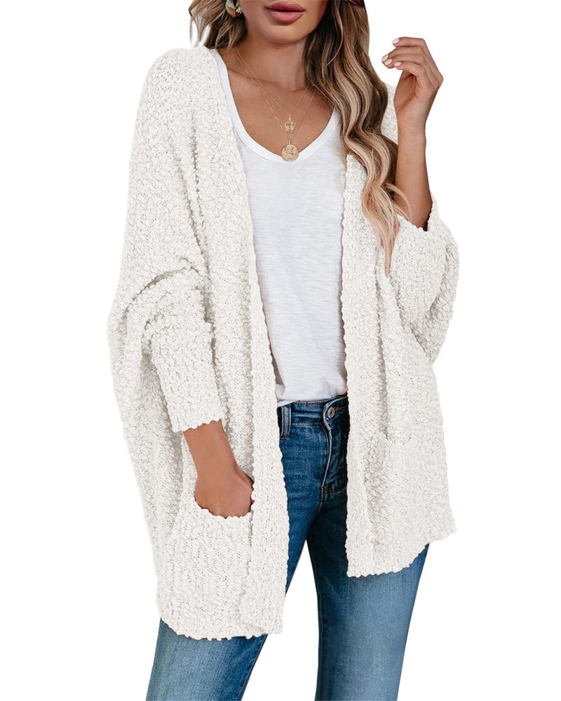 Saodimallsu Women's Chunky Popcorn Cardigan Oversized Open Front Boyfriend Batwing Long Sleeve Knit Sweaters White - Image 1