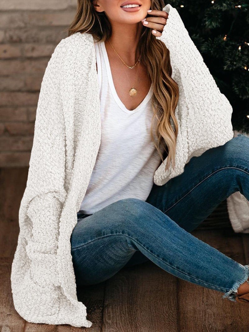 Saodimallsu Women's Chunky Popcorn Cardigan Oversized Open Front Boyfriend Batwing Long Sleeve Knit Sweaters White - Image 2