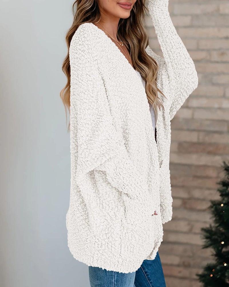 Saodimallsu Women's Chunky Popcorn Cardigan Oversized Open Front Boyfriend Batwing Long Sleeve Knit Sweaters White - Image 5