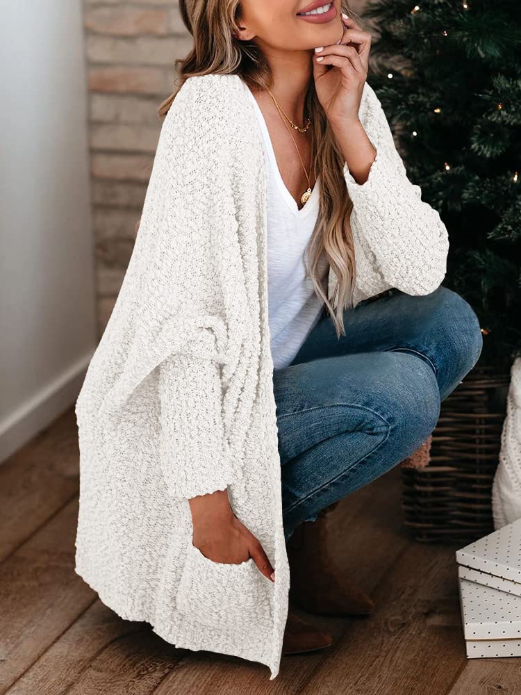 Saodimallsu Women's Chunky Popcorn Cardigan Oversized Open Front Boyfriend Batwing Long Sleeve Knit Sweaters White - Image 3