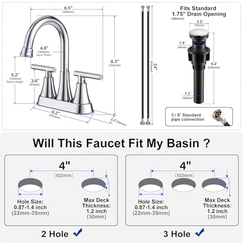 Hurran Bathroom Faucets for Sink 3 Hole, Hurran 4 inch Chrome Bathroom Sink Faucet with Pop-up Drain and Supply Hoses, Stainless Steel Lead-Free Centerset Utility Faucet for Vanity RV, 2 Pack - Image 5