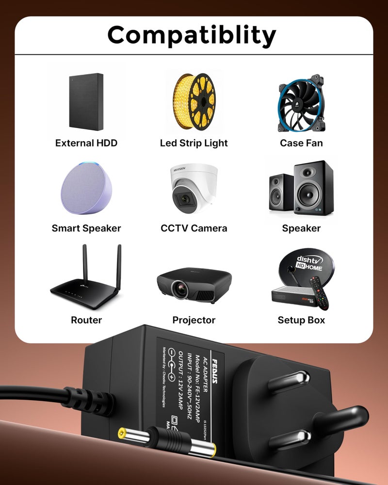 FEDUS 12V 2Amp DC Power Supply Adapter, 12 Volt 2A SMPS for LCD Monitor, TV, LED Strip Light, CCTV Camera, Setup Box, Broadband, Routers, NVR AC Input 100-240V, DC Output 12v 2amps, 2.5mm x 5.5mm Jack - Image 3