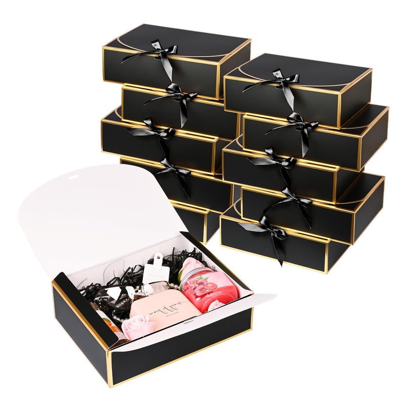 WLUSEAXI 10 Pack Gold Foil Gift Boxes with Lids, 10.6x7.8x3.1Inch Luxury Bridesmaid Proposal Box, Black Gift Boxes for Presents, Wedding, Baby Shower, Birthday Party - Image 1