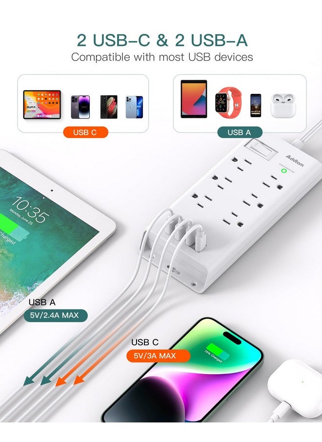 Addtam Surge Protector Power Strip - Addtam Flat Plug Extension Cord with 6 Outlet 4 USB Ports (2 USB C), 5FT Outlet Extender Strip for Home Office College Dorm Room Essentials  - Image 4