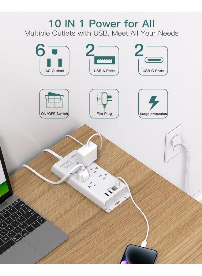 Addtam Surge Protector Power Strip - Addtam Flat Plug Extension Cord with 6 Outlet 4 USB Ports (2 USB C), 5FT Outlet Extender Strip for Home Office College Dorm Room Essentials  - Image 2