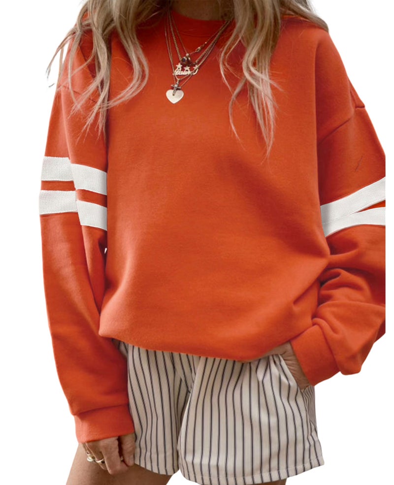 SELINK Womens Varsity Striped Oversized Sweatshirt Crewneck Long Sleeve Casual Fashion Pullover Top Fall Outfits Orange-S - Image 1
