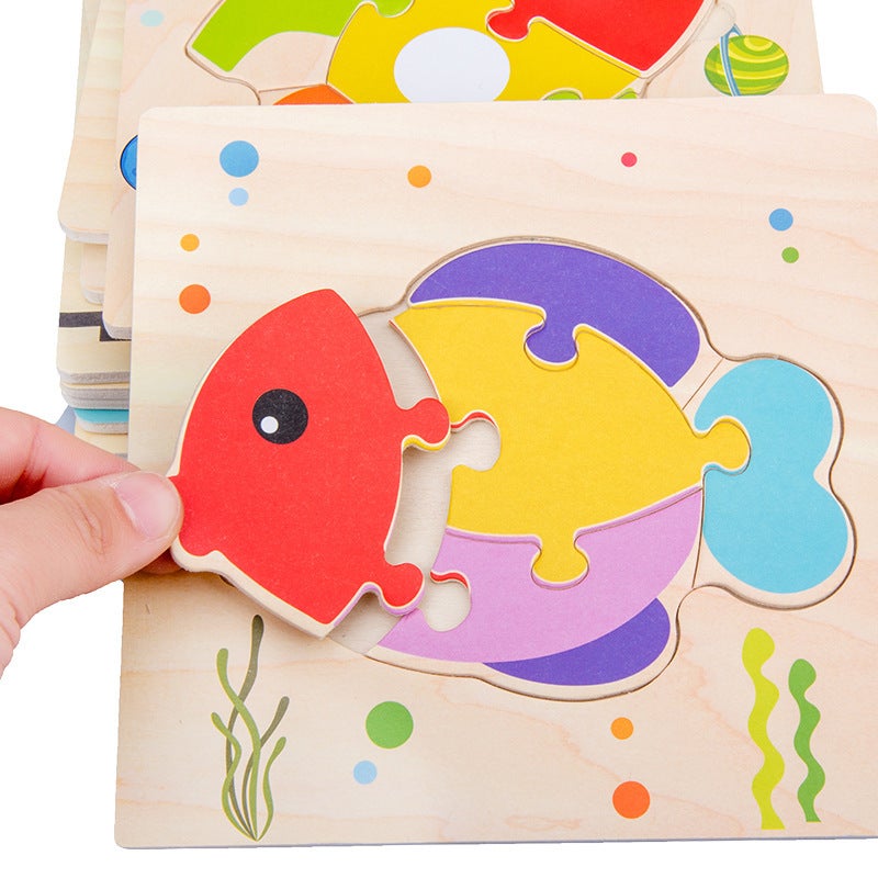 Children'S Jigsaw Puzzle Baby'S Hand-Held Board Enlightenment Early Education Beneficial Intelligence Cartoon Animal Three-Dimensional Jigsaw Puzzle Wooden Toy - Image 3