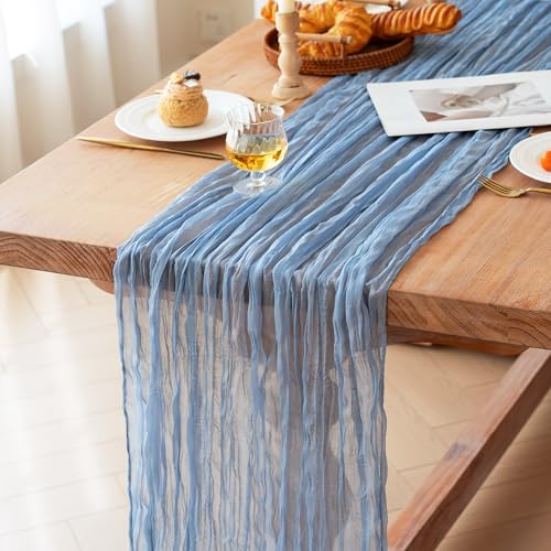 FEXIA Dusty Blue Cheesecloth Table Runner Boy Baby Shower Wedding Decorations Spring Gauze Table Runner for Bridal Shower Party Winter Wonderland Decoration 35x120 Inches - Image 2