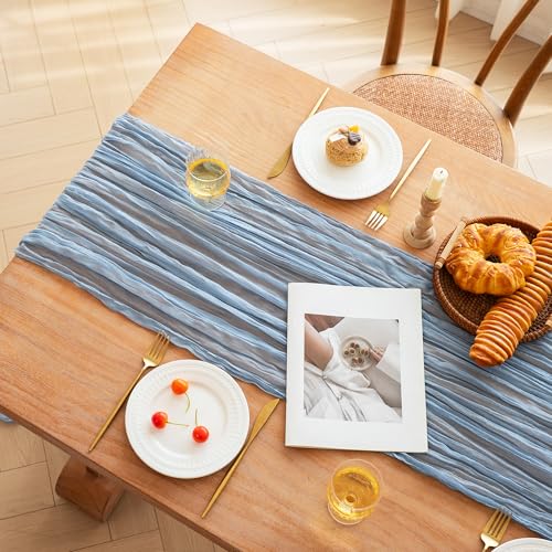 FEXIA Dusty Blue Cheesecloth Table Runner Boy Baby Shower Wedding Decorations Spring Gauze Table Runner for Bridal Shower Party Winter Wonderland Decoration 35x120 Inches - Image 5