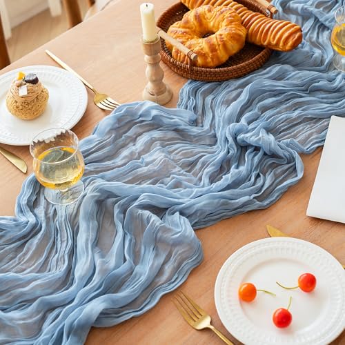 FEXIA Dusty Blue Cheesecloth Table Runner Boy Baby Shower Wedding Decorations Spring Gauze Table Runner for Bridal Shower Party Winter Wonderland Decoration 35x120 Inches - Image 1