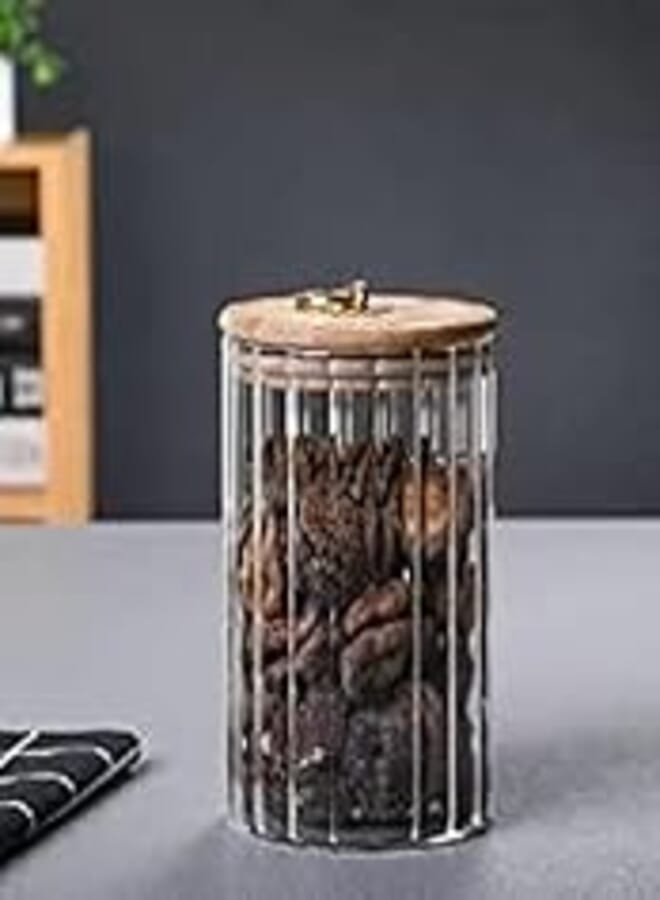 Glass Jar With Wooden Lid With Metal Grommet And Sealed Decorative Coffee Container with Airtight Bamboo Lid Metal Ring for Home Kitchen Storing Candy, Cookie, Pasta, Nuts, Oatmeal (Medium) 