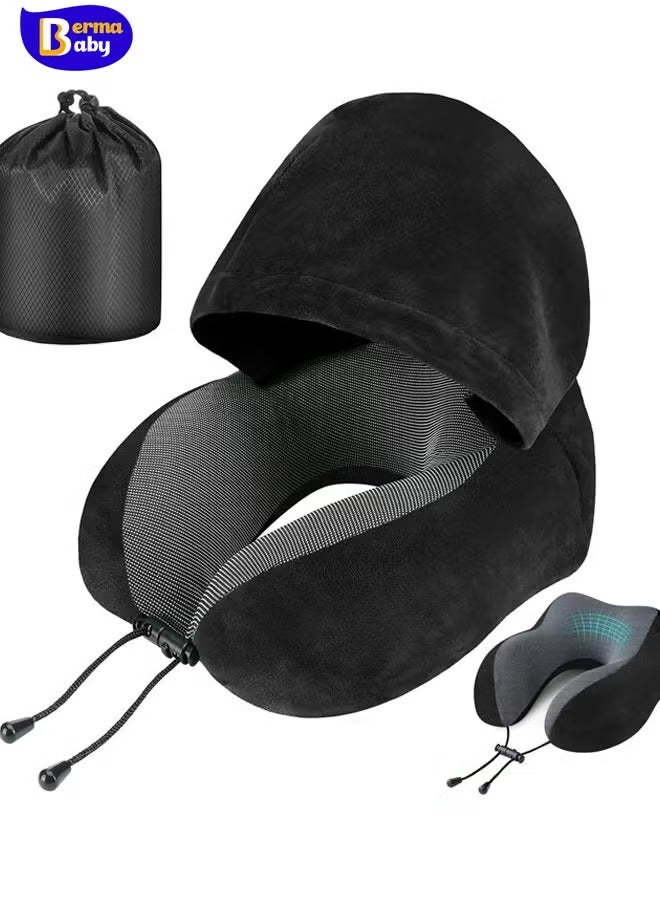 Berma Baby Travel Pillow, Neck Pillow for Travel with Hood for Airplane, Velvet Memory Foam Neck Pillow Adult Head & Neck Support, for Long Flights Plane, Office, Cars Sleeping & Rest (Black) - Image 1