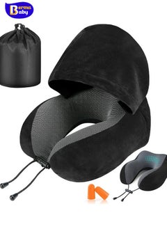 Berma Baby Travel Pillow, Neck Pillow for Travel with Hood for Airplane, Velvet Memory Foam Neck Pillow Adult Head & Neck Support, for Long Flights Plane, Office, Cars Sleeping & Rest (Black)  - Image 1