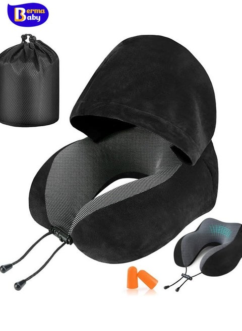 Travel Pillow, Neck Pillow for Travel with Hood for Airplane, Velvet Memory Foam Neck Pillow Adult Head & Neck Support, for Long Flights Plane, Office, Cars Sleeping & Rest (Black)