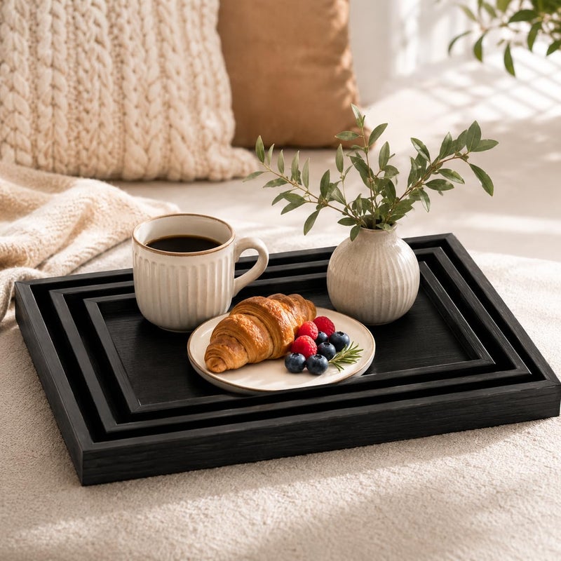 Wooden Serving Tray Set of 3, Rectangular Nesting Serving Trays with Raised Edges, Premium Wood Decorative Tray for Coffee Table, Ottoman, Breakfast, Kitchen & Home Decor,Black Wood - Image 2