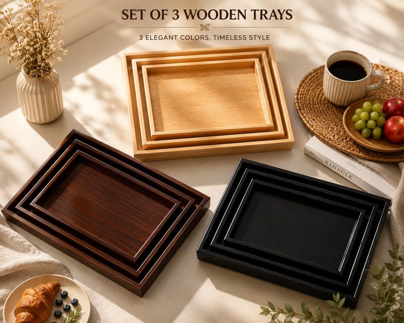 Wooden Serving Tray Set of 3, Rectangular Nesting Serving Trays with Raised Edges, Premium Wood Decorative Tray for Coffee Table, Ottoman, Breakfast, Kitchen & Home Decor,Black Wood - Image 5