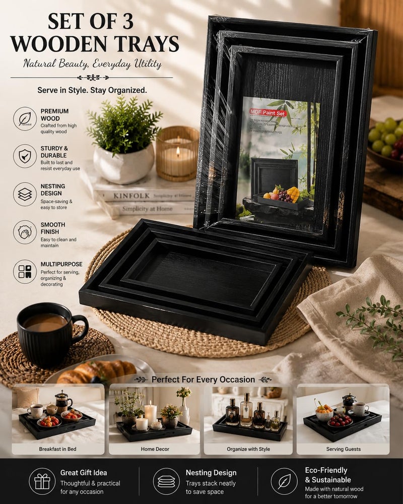 Wooden Serving Tray Set of 3, Rectangular Nesting Serving Trays with Raised Edges, Premium Wood Decorative Tray for Coffee Table, Ottoman, Breakfast, Kitchen & Home Decor,Black Wood - Image 3