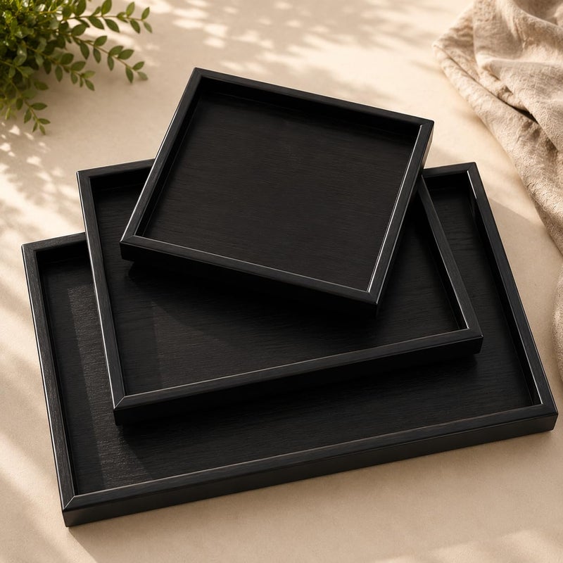 Wooden Serving Tray Set of 3, Rectangular Nesting Serving Trays with Raised Edges, Premium Wood Decorative Tray for Coffee Table, Ottoman, Breakfast, Kitchen & Home Decor,Black Wood - Image 4