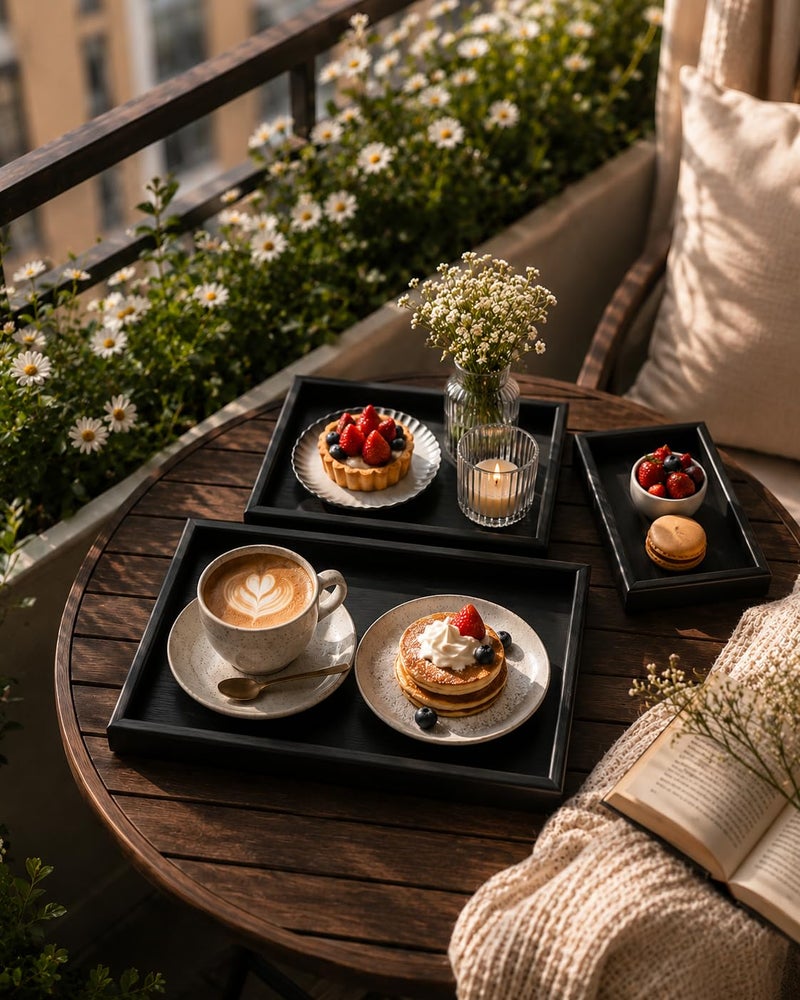 Wooden Serving Tray Set of 3, Rectangular Nesting Serving Trays with Raised Edges, Premium Wood Decorative Tray for Coffee Table, Ottoman, Breakfast, Kitchen & Home Decor,Black Wood - Image 1