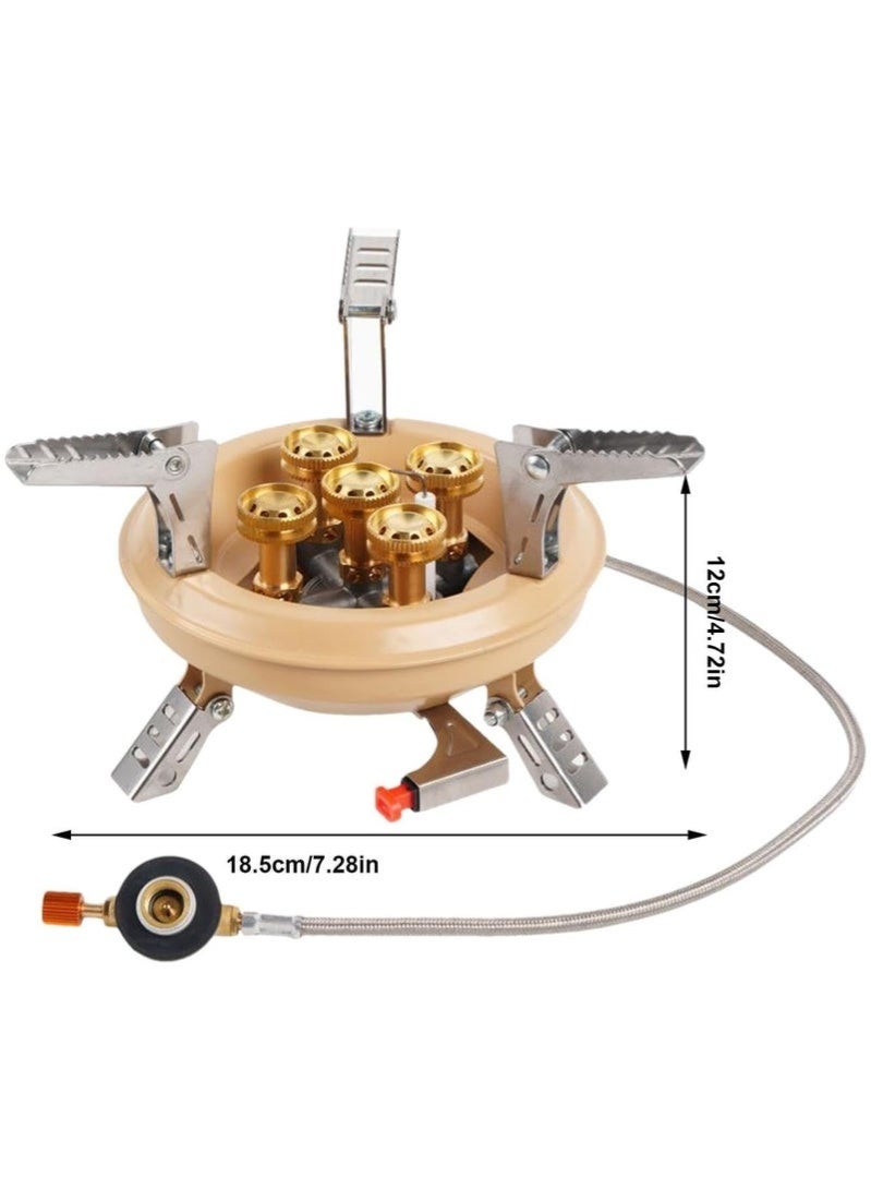مواقد التخييم، موقد غاز محمول بخمسة شعلات مع خرطوم غاز ممتد وحقيبة حمل - مثالي للتخييم والسفر والمغامرات الخارجية - Image 1