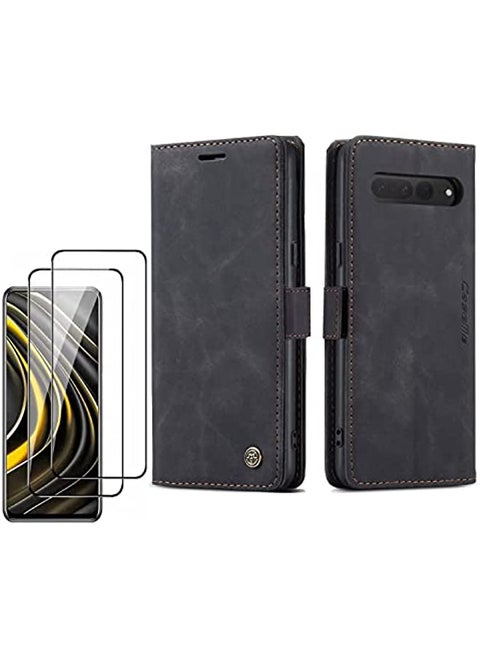[1+2] Wallet Case for Google Pixel 7 Pro 5G, with 2 Tempered Glass Screen Protector, Flip Leather Wallet Cover with Card Slots Invisible Kickstand for Google Pixel 7 Pro (Google Pixel 7 Pro, Black)