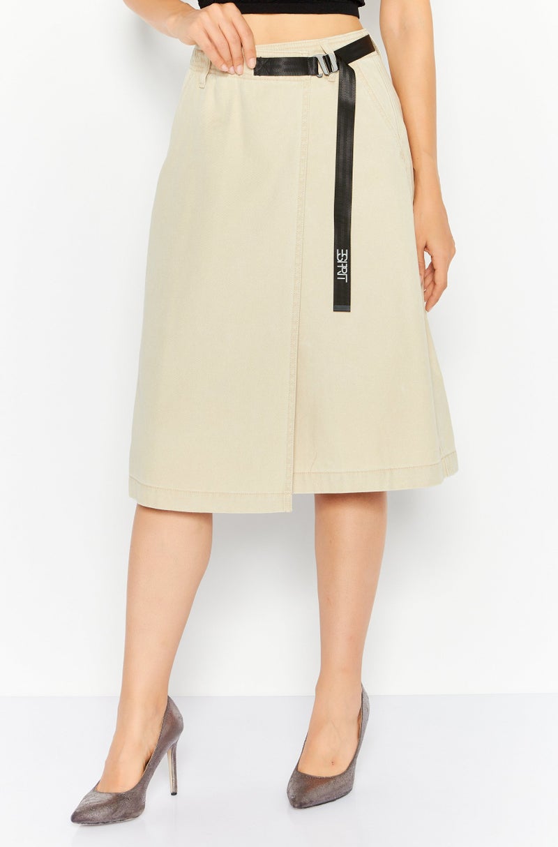 ESPRIT Women Plain Buckle Waist Midi Skirts, Beige - Image 1