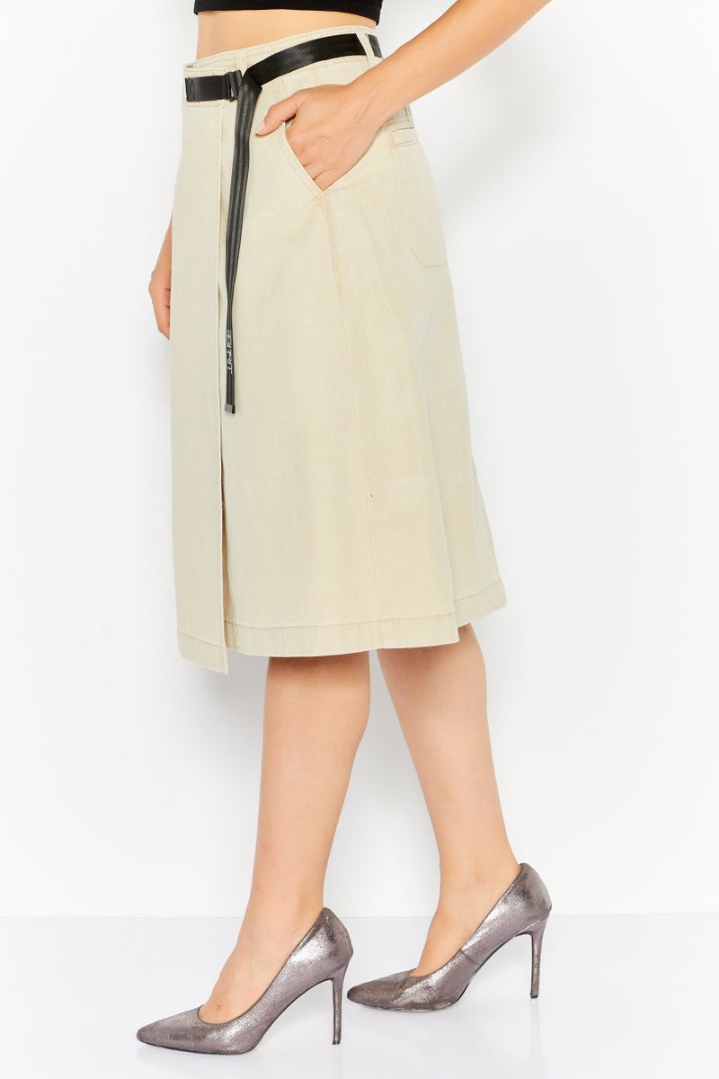 ESPRIT Women Plain Buckle Waist Midi Skirts, Beige - Image 3