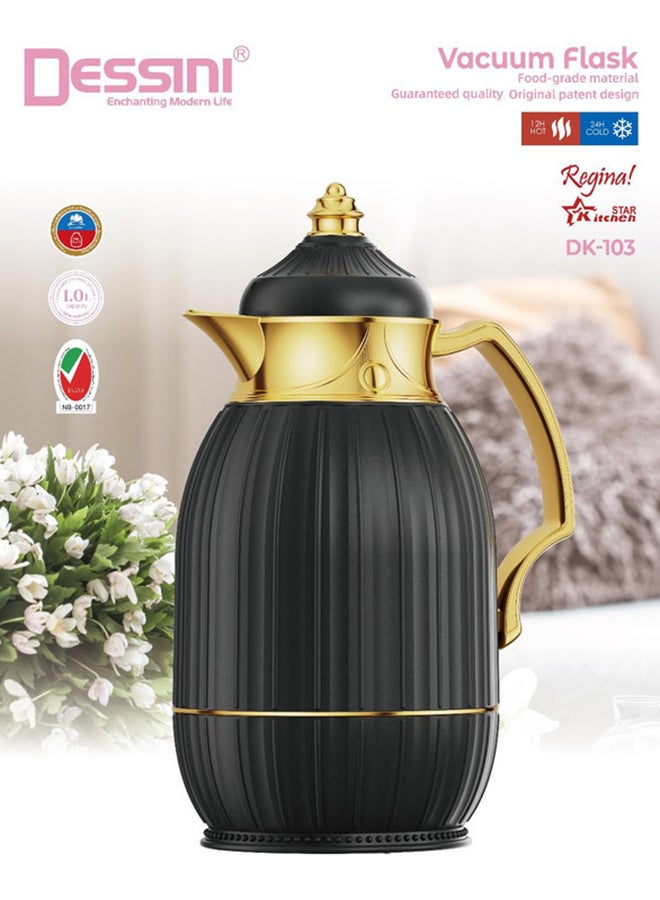 DESSINI Dessini Tea & Coffee Vacuum Flask 1L Dk103 Black/Gold  - Image 1