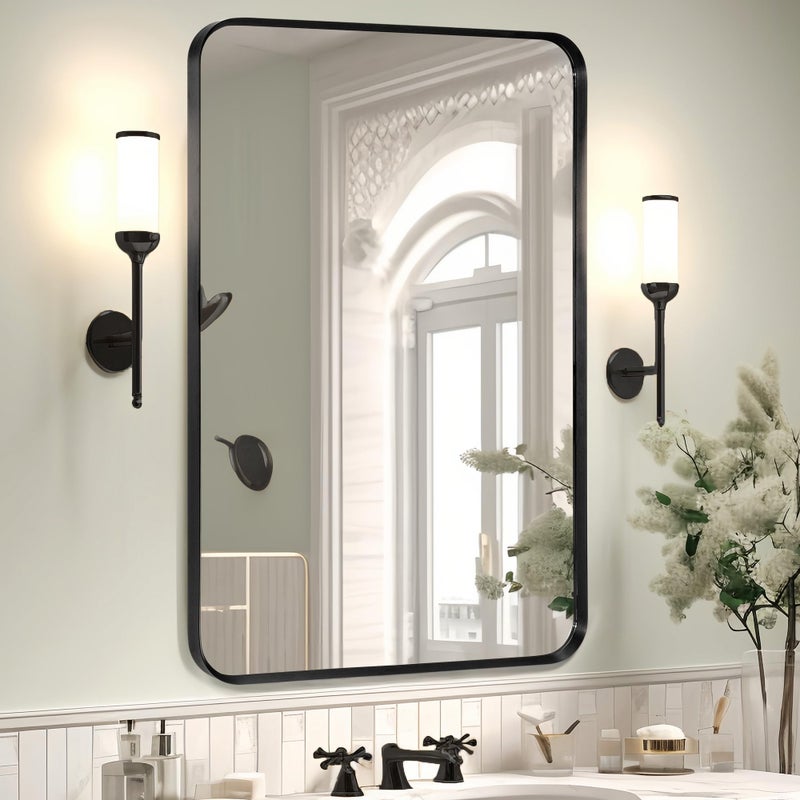 Minuover Wall Mount Mirror for Bathroom Brushed Black Metal Framed Rounded Corner Rectangular Vanity Mirror 24 x 36 Black
