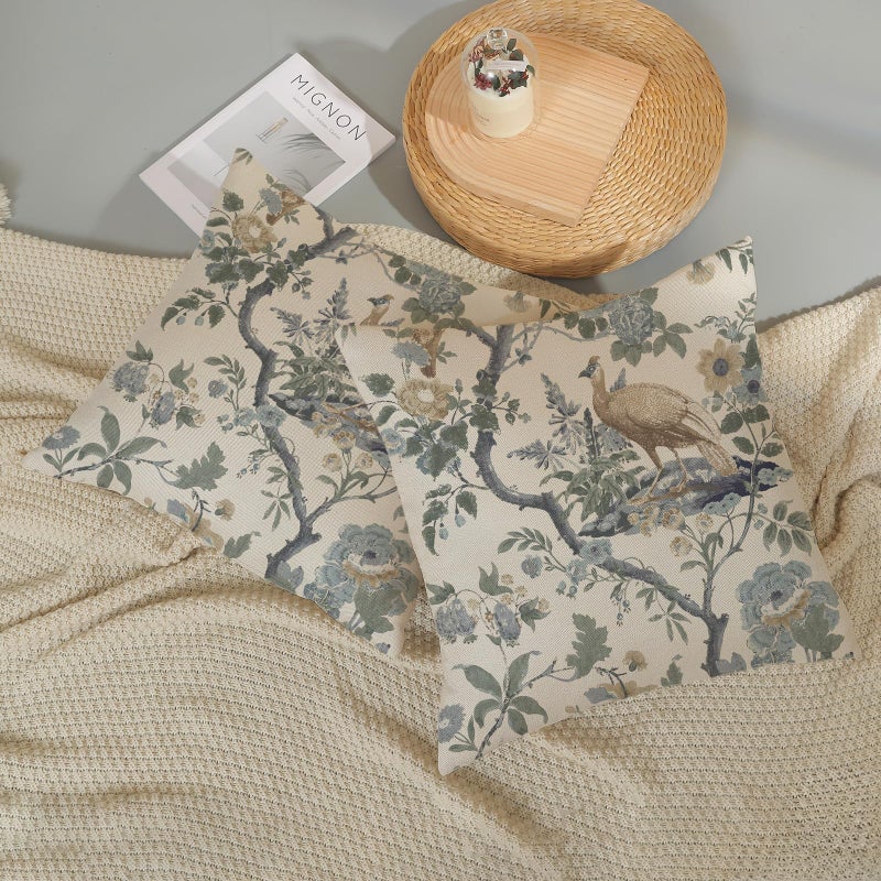 GOLIANDA Chinoiserie Pillow Covers 18x18 Set of 2 Blue Bird Floral Throw Pillows Vintage Blue Green Flowers Decorations Outdoor Pillowcase Chinoiserie Decor Farmhouse Cushion Case for Couch Home - Image 5