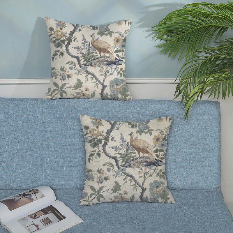 GOLIANDA Chinoiserie Pillow Covers 18x18 Set of 2 Blue Bird Floral Throw Pillows Vintage Blue Green Flowers Decorations Outdoor Pillowcase Chinoiserie Decor Farmhouse Cushion Case for Couch Home - Image 3