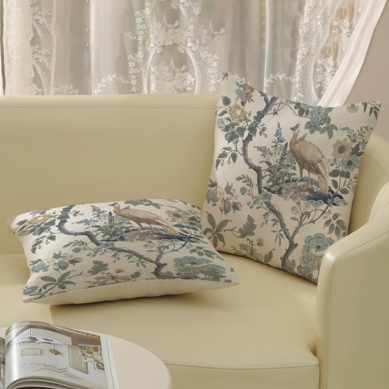 GOLIANDA Chinoiserie Pillow Covers 18x18 Set of 2 Blue Bird Floral Throw Pillows Vintage Blue Green Flowers Decorations Outdoor Pillowcase Chinoiserie Decor Farmhouse Cushion Case for Couch Home - Image 4