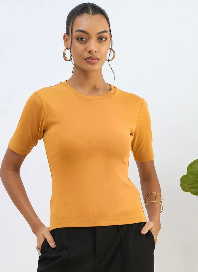 SASSAFRAS Mustard Yellow Slim Fit T-Shirt for Women